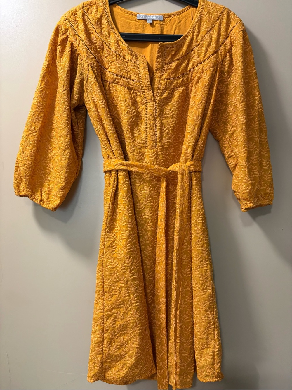 Daniel Rainn Textured Mustard Yellow Belted Midi Dress